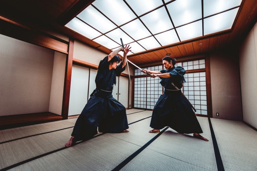 Samurai training in traditional dojo, Tokyo, Japan